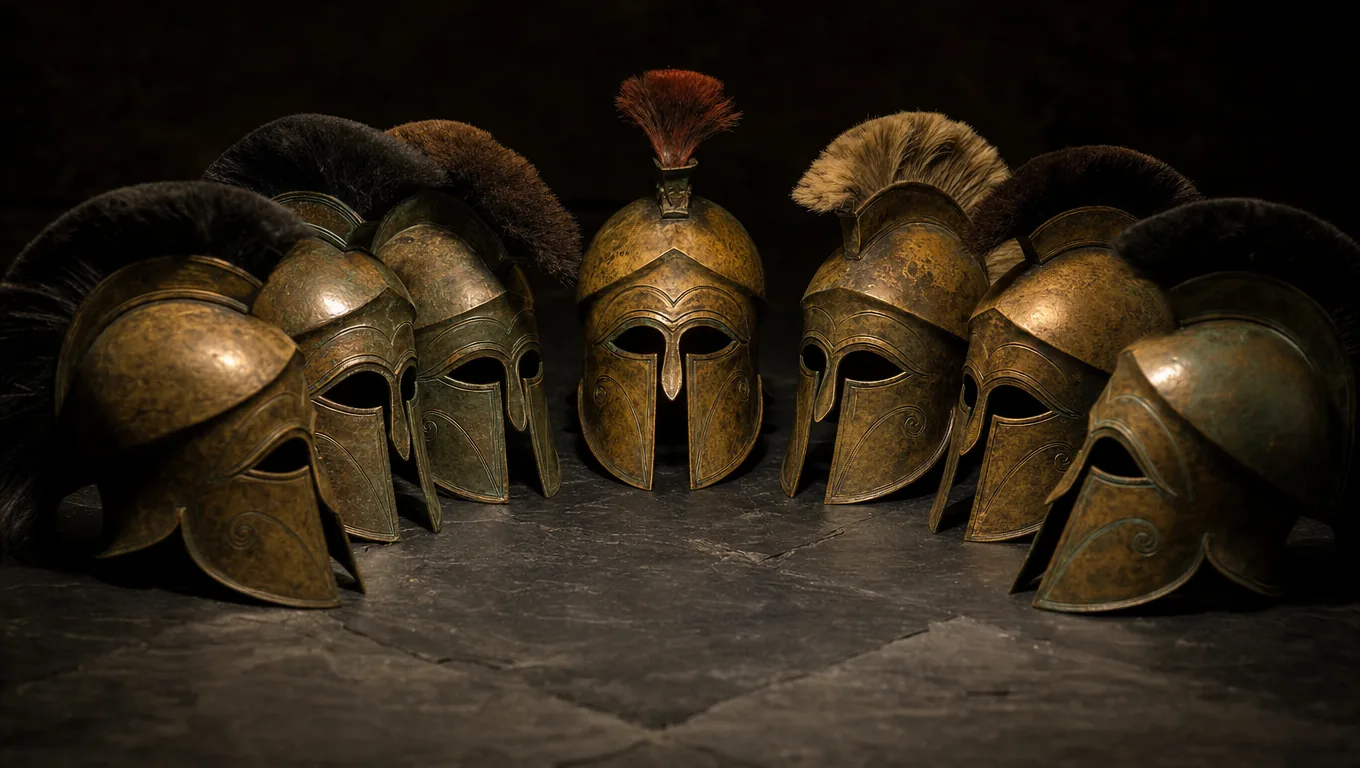 An arc of bronze Corinthian helmets — the assembled council.